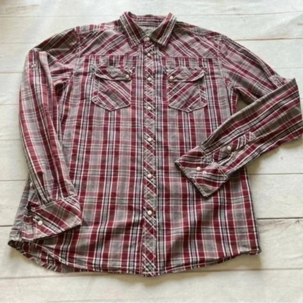 BKE Men’s Athletic Fit Pearl Snap Red Plaid Western Long Sleeve Shirt Si…